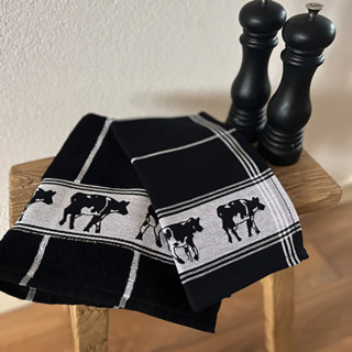 Keukenset DDDDD zwart met koeien | Theedoek + keukendoek