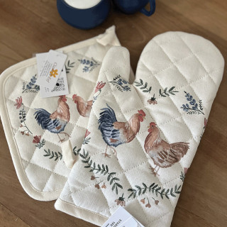 Ovenwant beige blauw met een kip en een haan | Clayre & Eef