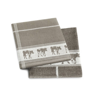DDDDD keukenset taupe met koeien | Theedoek en keukendoek