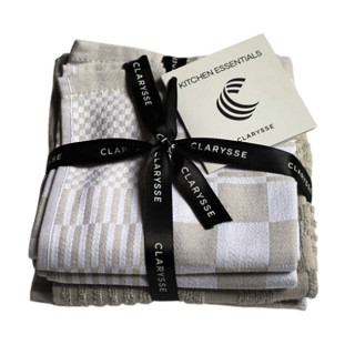 Clarysse beige geblokt keukenset | Keukendoek, theedoek en vaatdoek