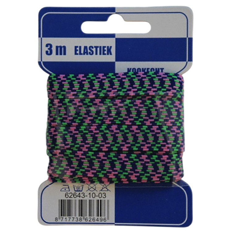Elastiek zigzag blauw/groen/roze 10mm | 3 meter elastiek op kaart