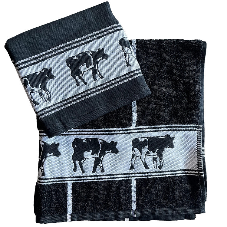Keukenset DDDDD zwart met koeien | Theedoek + keukendoek