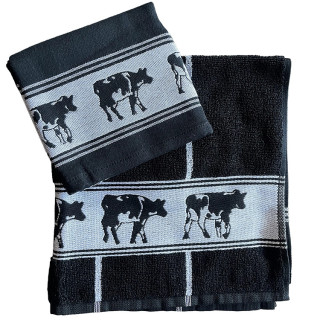 Keukenset DDDDD zwart met koeien | Theedoek + keukendoek