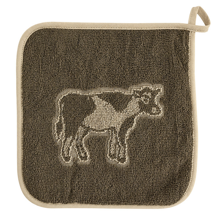Pannenlap met koe donkergroen | Badstof 100% katoen